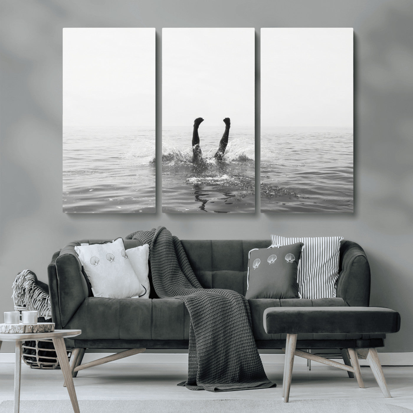 26667396-MGV-CV-36X24-Black White Ocean Wall Art Canvas Print, Framed Monochrome Water Art Picture Print, Diving into Water Perfect Minimalist Aquatic