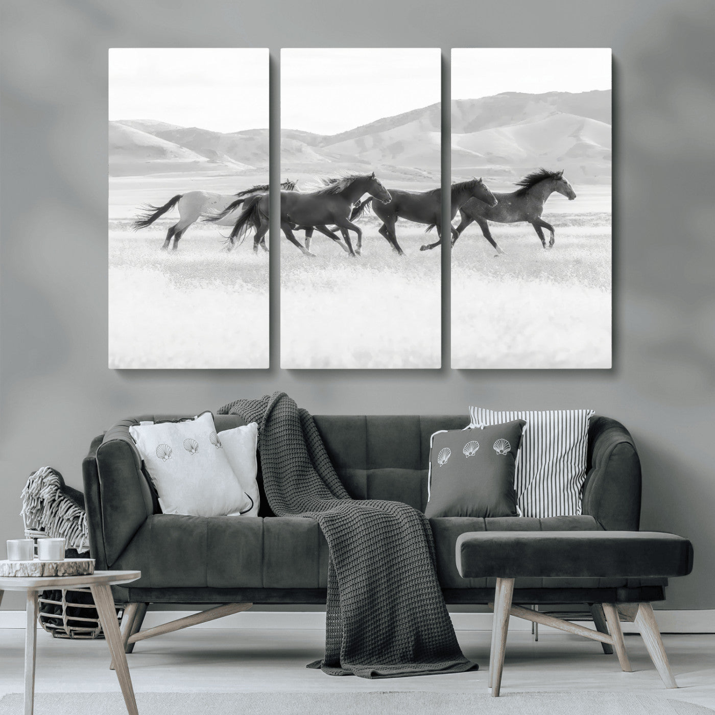 69934913-MGV-CV-36X24-Wild Horses Running Wall Art Canvas Print, Framed Black White Mustangs Art Picture Print, Rustic Western Perfect Rustic Western