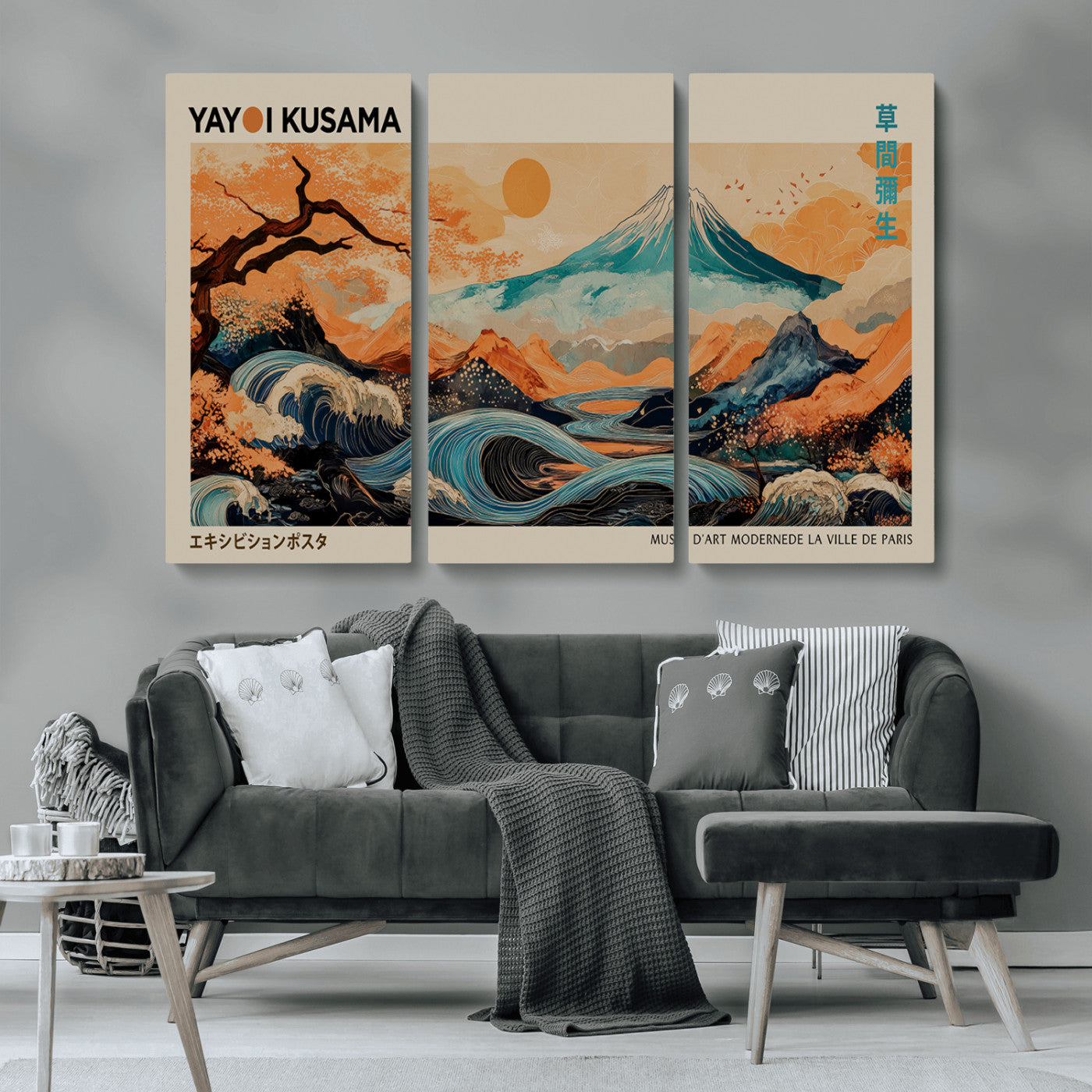 22373530-MGV-CV-36X24-Japanese Mt Fuji Wave Art Print – Ukiyo e Inspired Sun & Cherry Blossom Poster, Traditional Asian Landscape Painting, Modern