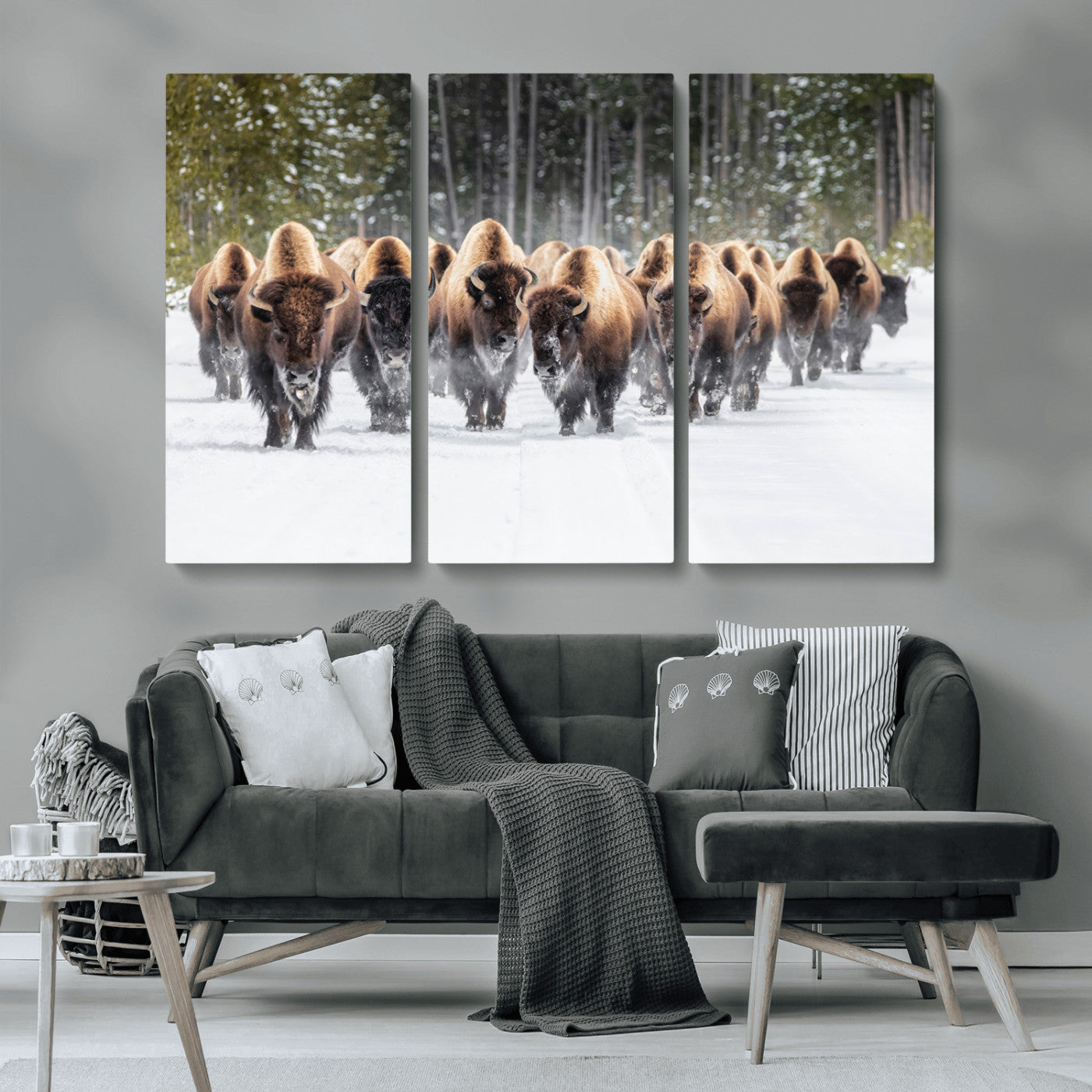 22695857-MGV-CV-36X24-Bison Herd Scene Wall Art Canvas Print, Framed Western Wildlife Art Picture Print, Rustic Animal Art Perfect Rustic Lodge Decor