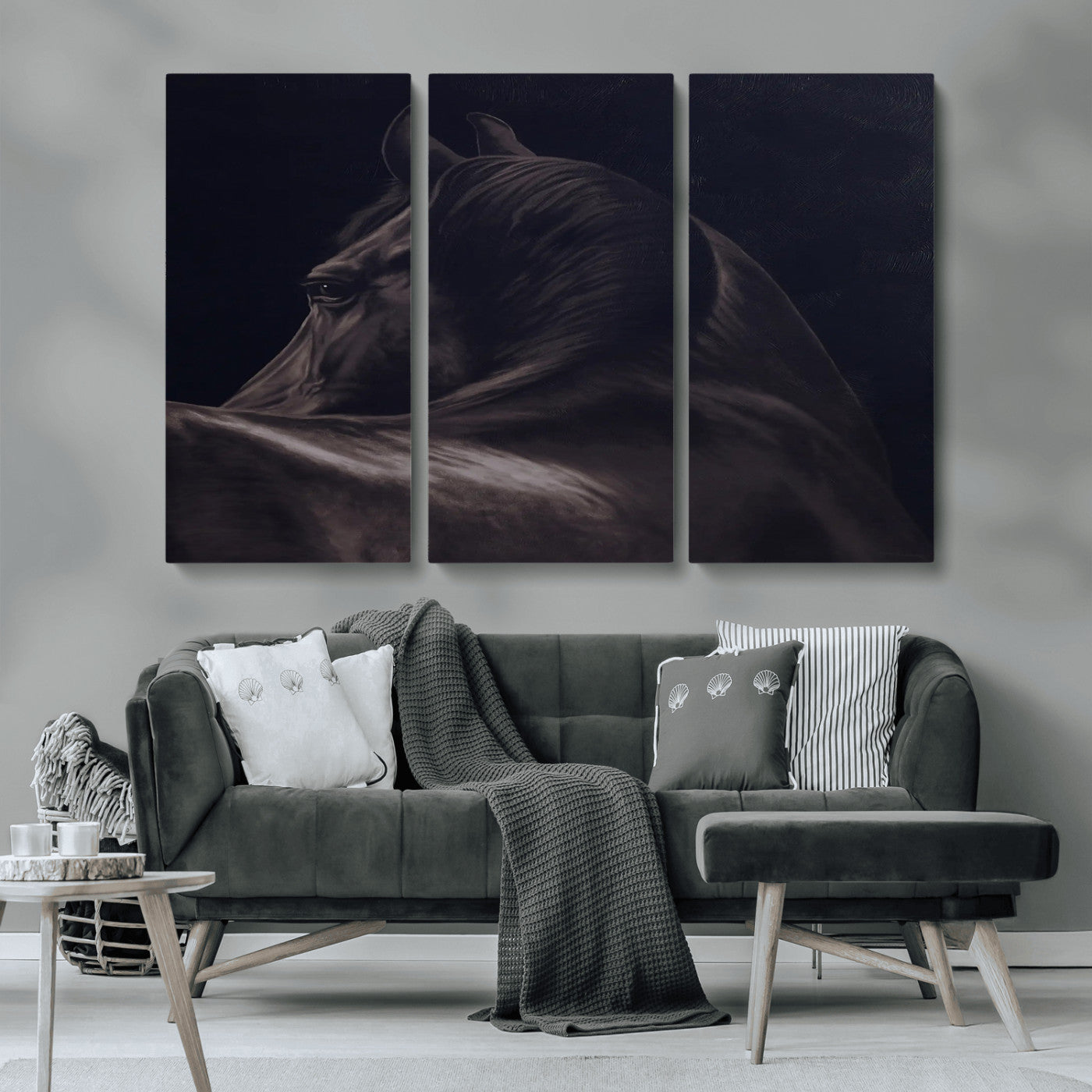 67026880-MGV-CV-36X24-Black Horse Portrait Wall Art Canvas Print, Framed Moody Horse Decor Art Picture Print, Equestrian Wall Style Perfect Masculine