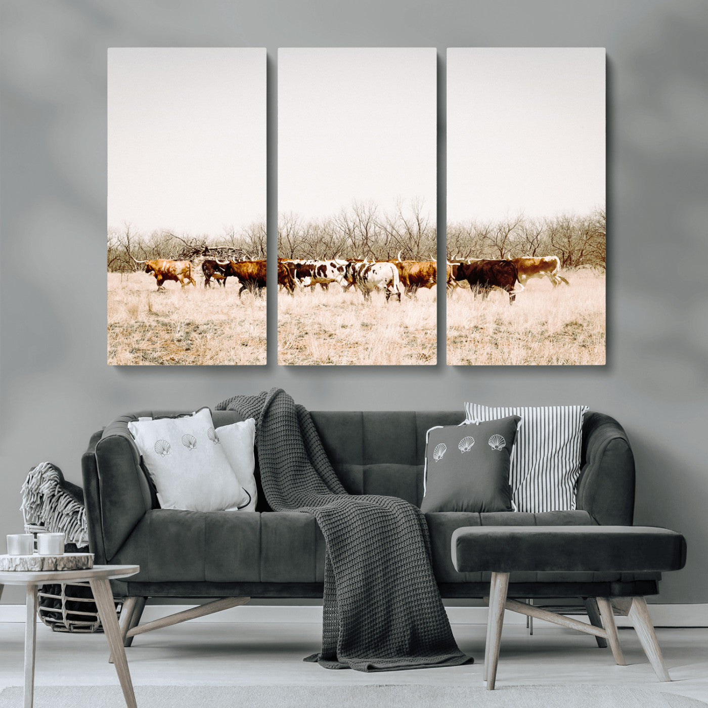 12454132-MGV-CV-36X24-Cow Herd Photography Wall Art Canvas Print, Framed Rustic Farmhouse Decor Art Picture Print, Western Ranch Style Perfect Rustic