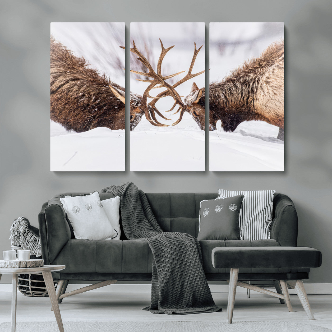 36507609-MGV-CV-36X24-Elk Clash Scene Wall Art Canvas Print, Framed Wildlife Strength Decor Art Picture Print, Snowy Forest Elk Perfect Rustic Lodge