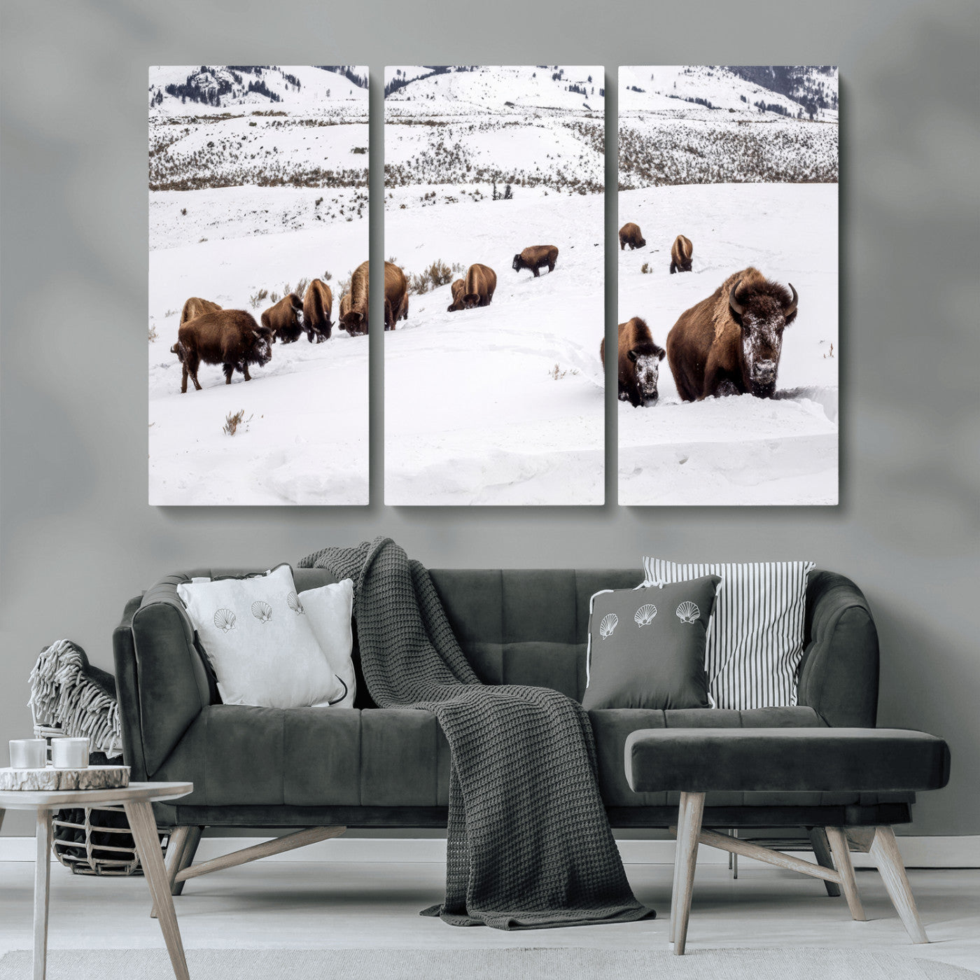 13891210-MGV-CV-36X24-Bison Herd Scene Wall Art Canvas Print, Framed Western Wildlife Decor Art Picture Print, Snowy Mountain Valley Perfect Rustic