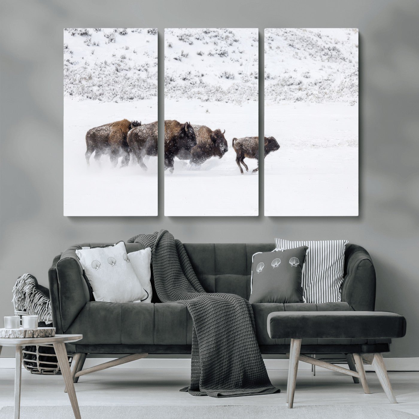 56216945-MGV-CV-36X24-Bison Herd Decor Wall Art Canvas Print, Framed Snowy Bison Scene Art Picture Print, Winter Wildlife Theme Perfect Rustic Western