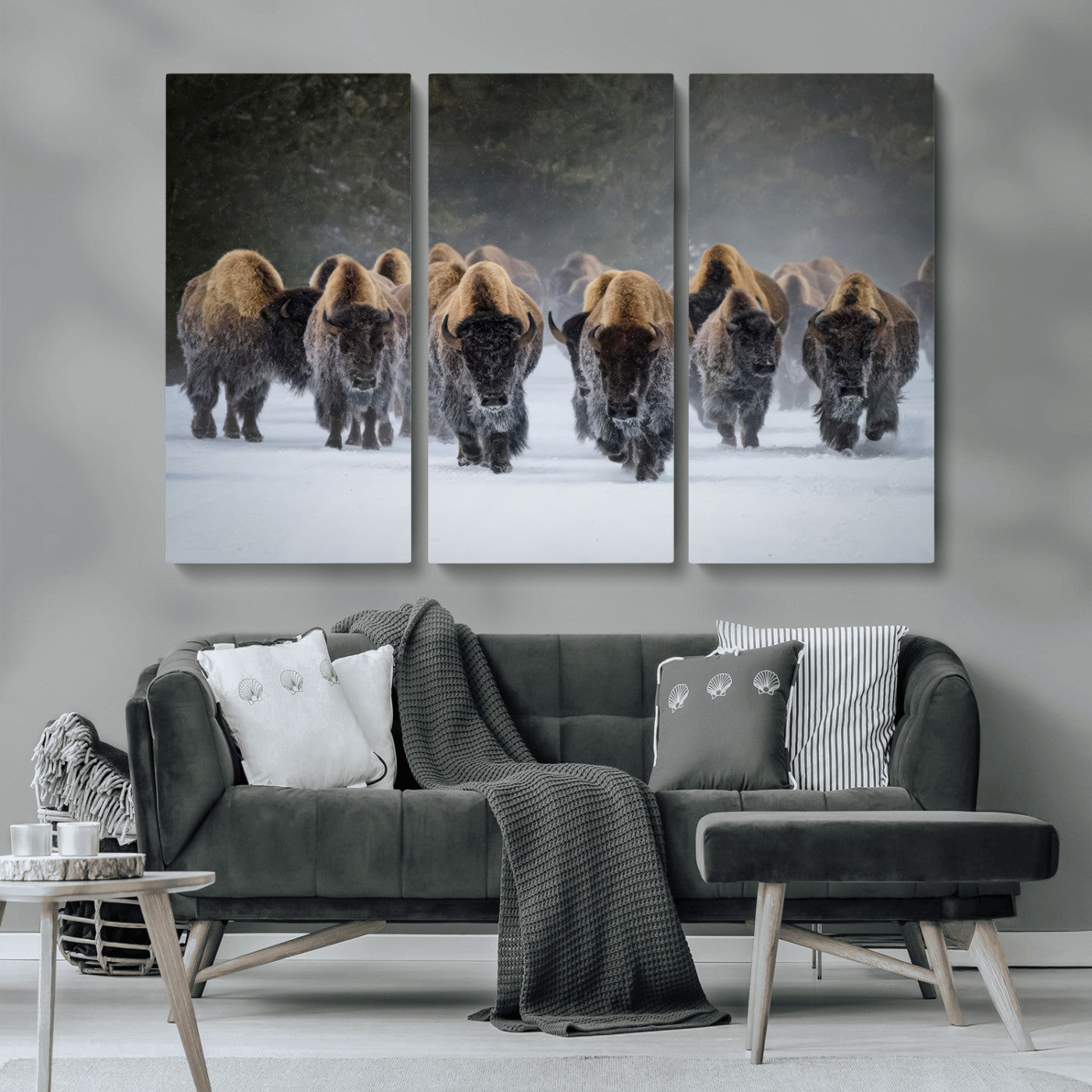 41669135-MGV-CV-36X24-Bison Herd Scene Wall Art Canvas Print, Framed Rustic Wildlife Decor Art Picture Print, Snowy Bison Landscape Perfect Rustic