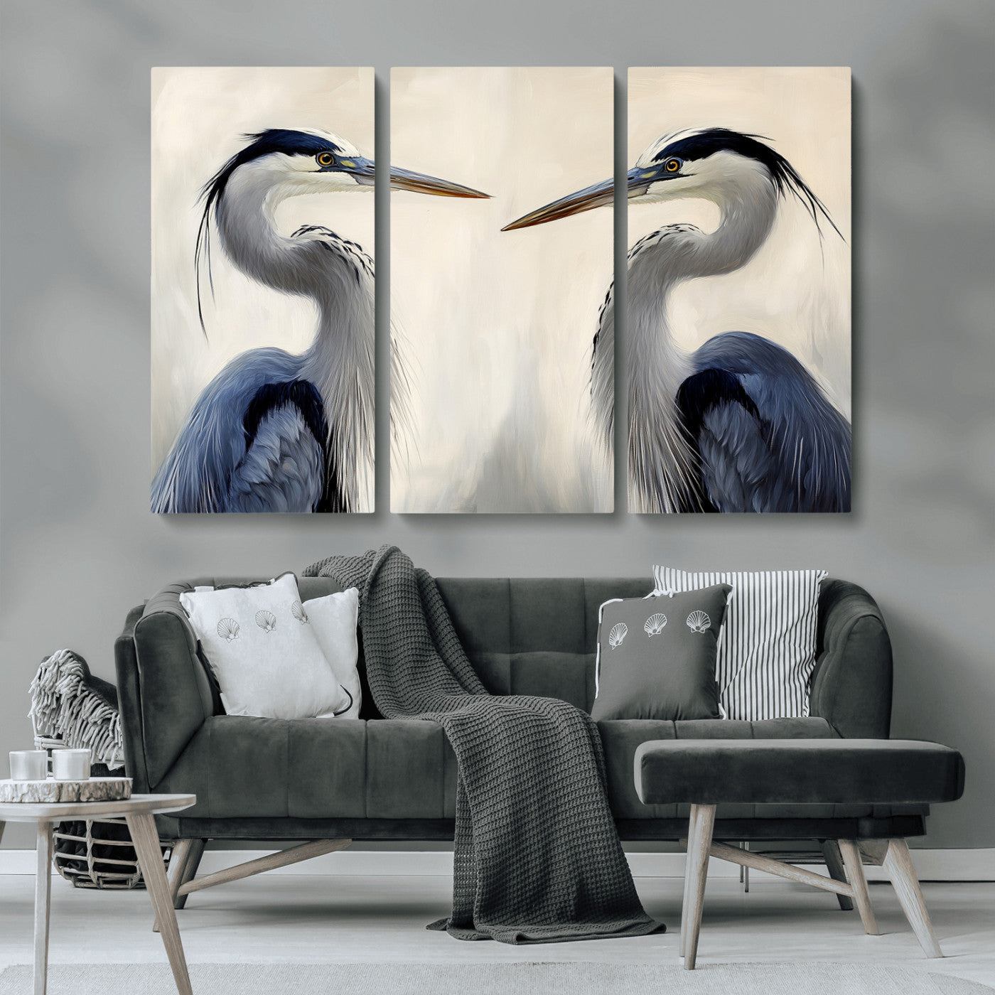 18230556-MGV-CV-36X24-Blue Heron Pair Wall Art Canvas Print, Framed Coastal Bird Theme Art Picture Print, Tranquil Wildlife Scene Perfect Coastal