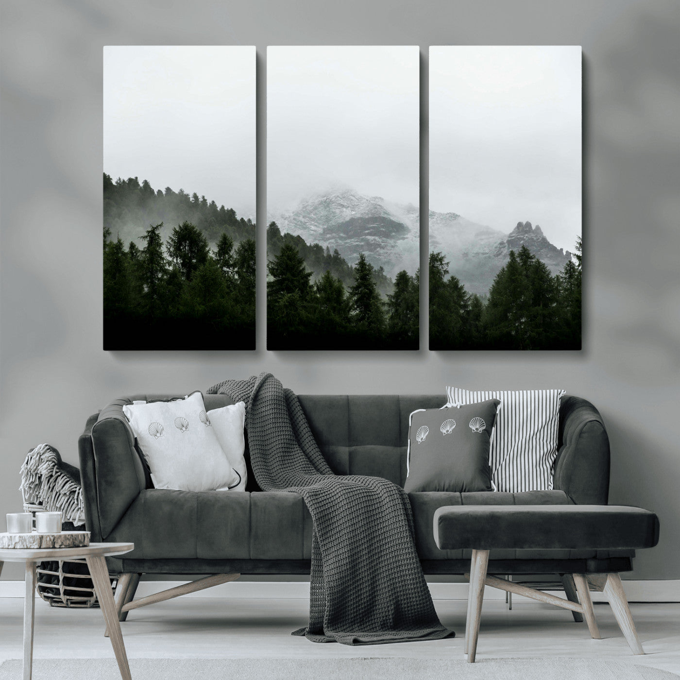55968349-MGV-CV-36X24-Misty Mountains Wall Art Canvas Print, Framed Foggy Forest Art Picture Print, Snowy Peaks Perfect Moody Wilderness Decor Artwork