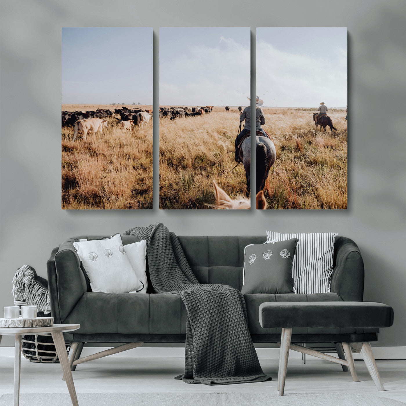 22431577-MGV-CV-36X24-Western Wall Art Wall Art Canvas Print, Framed Cowboy Canvas Art Picture Print, Cattle Drive Scene Perfect Rustic Western Decor