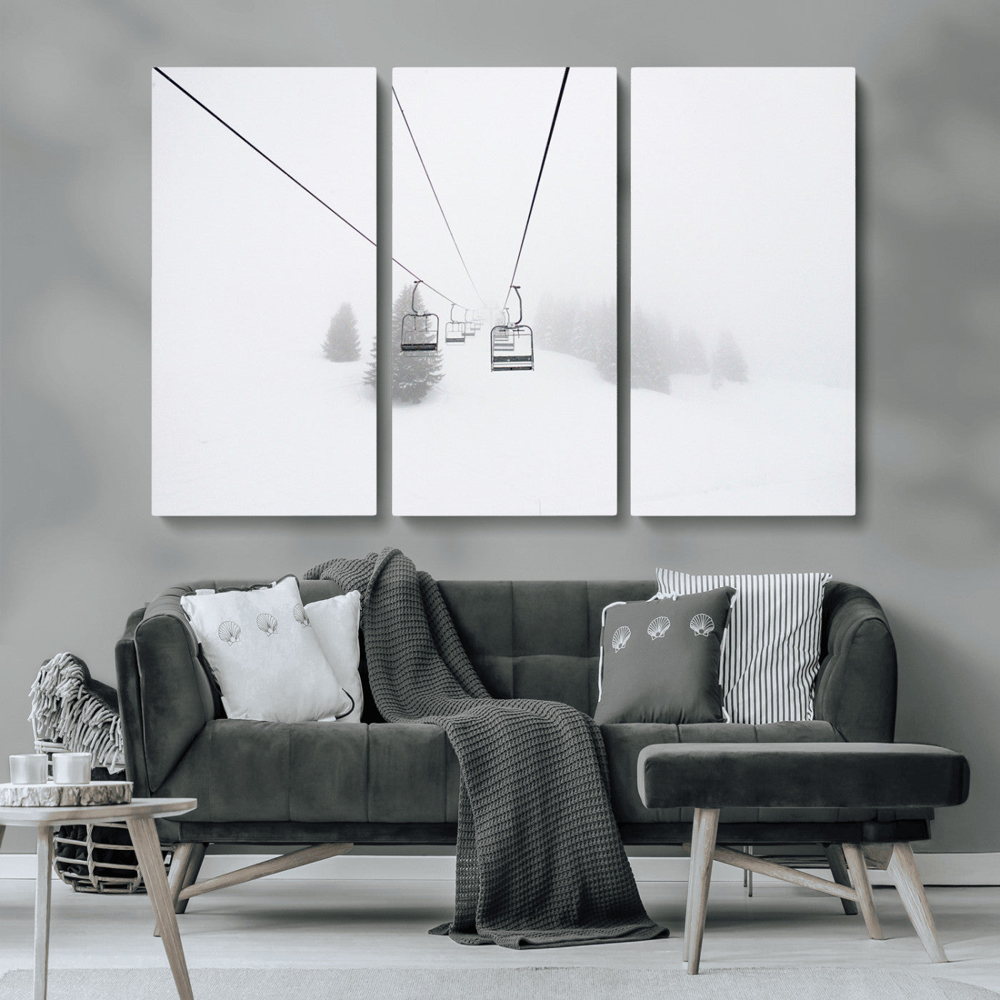 20216390-MGV-CV-36X24-Ski Lift Wall Art Canvas Print, Framed Snowy Landscape Art Picture Print, Alpine Adventure Perfect Nordic Minimalist Decor Artwork