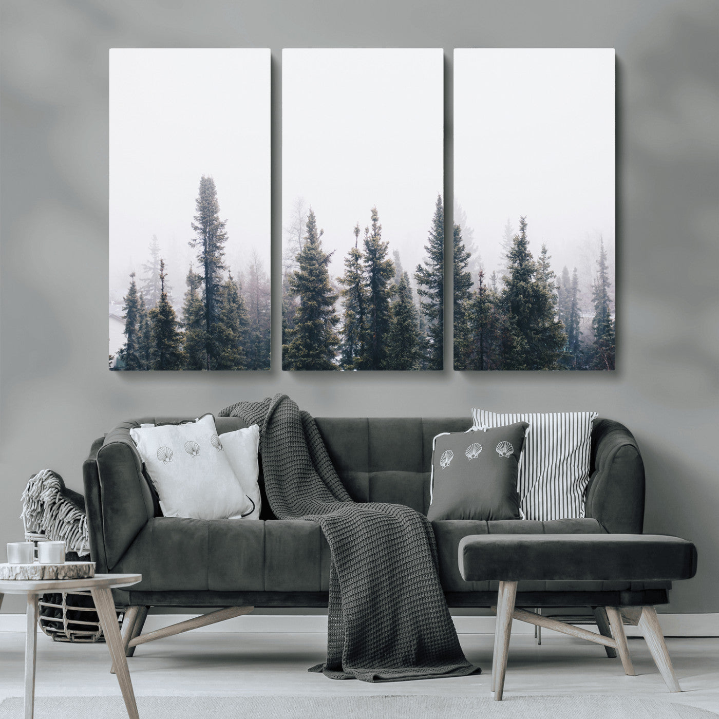 42364796-MGV-CV-36X24-Foggy Forest Wall Art Canvas Print, Framed Misty Pines Art Picture Print, Moody Woodland Perfect Scandinavian Minimalist Decor