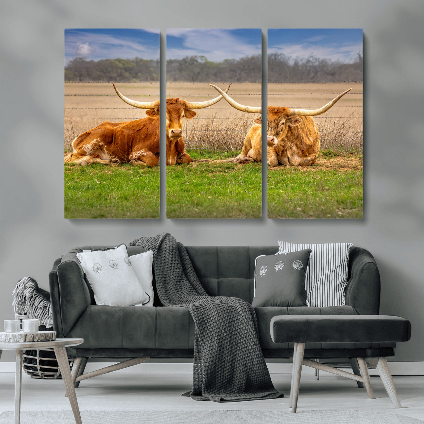 54598515-MGV-CV-36X24-Texas Longhorns Wall Art – Rustic Cattle Ranch Canvas Print, Western Farmhouse Animal Photography Decor for Living Room, Office,