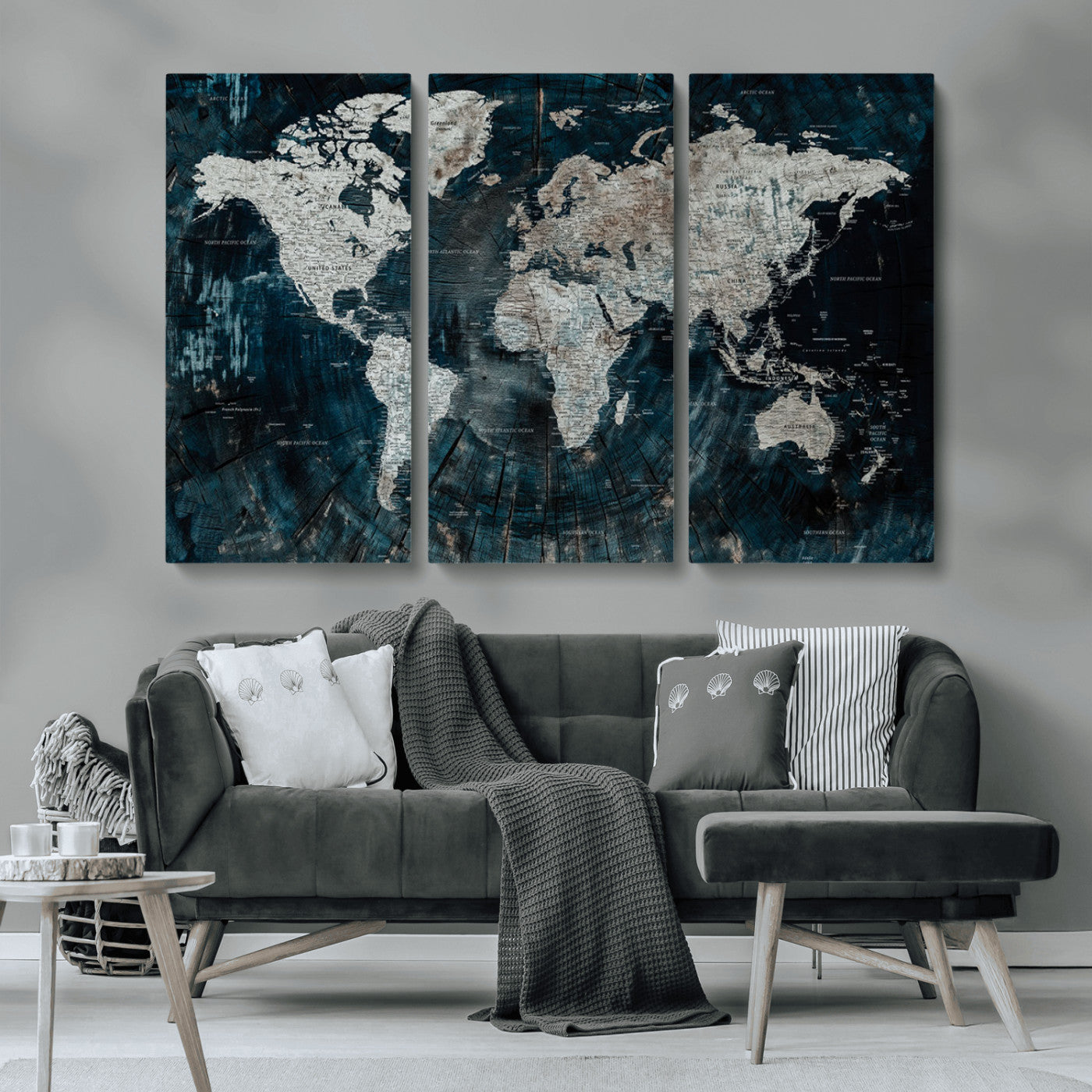 34425609-MGV-CV-36X24-World Map Wall Art – Rustic Navy and Grey Atlas Canvas Print, Distressed Explorer Map Artwork, Industrial Style Decor for Office,