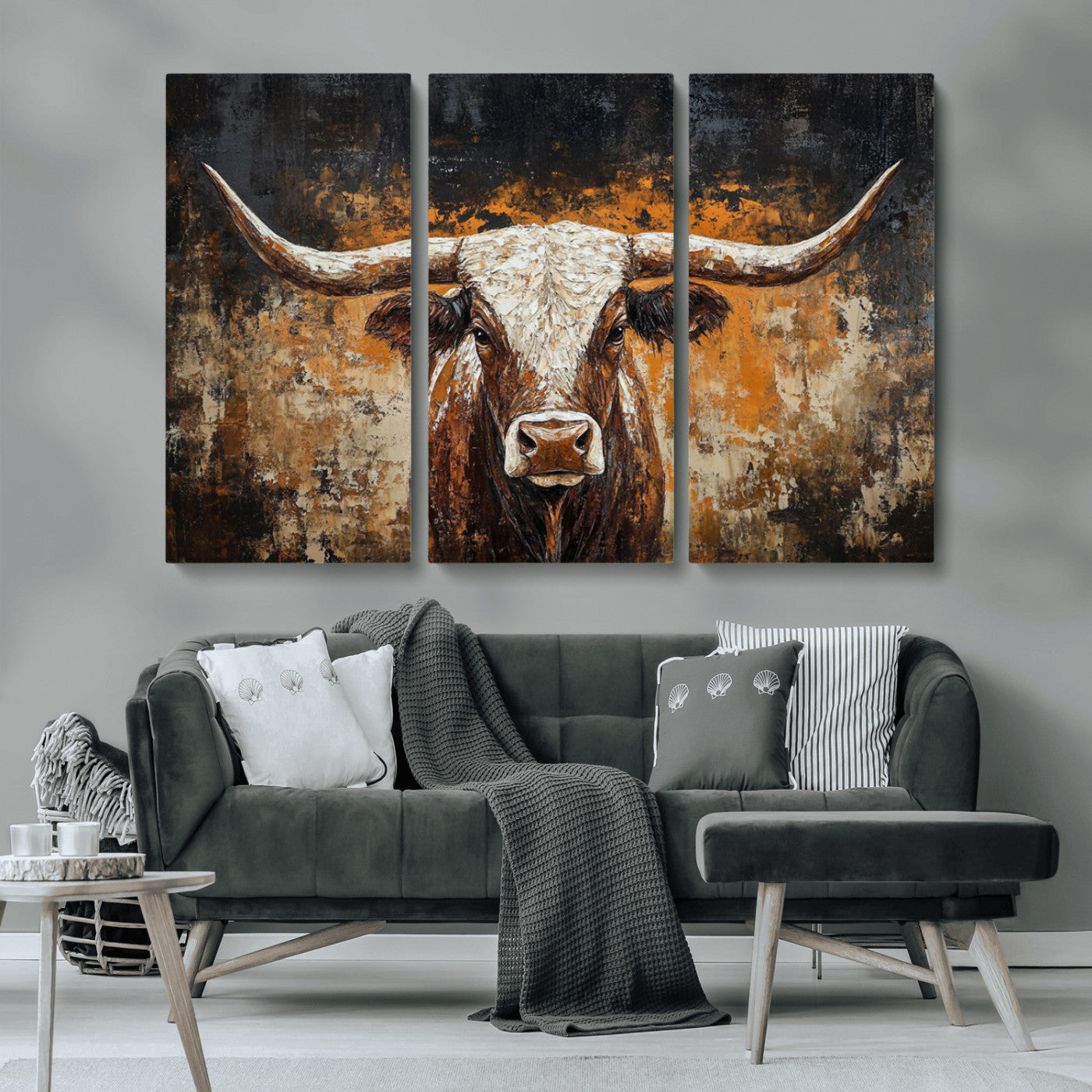 25265572-MGV-CV-36X24-Longhorn Bull Wall Art – Rustic Western Texas Steer Canvas Print, Textured Animal Painting for Home, Office, Man Cave or Farmhouse
