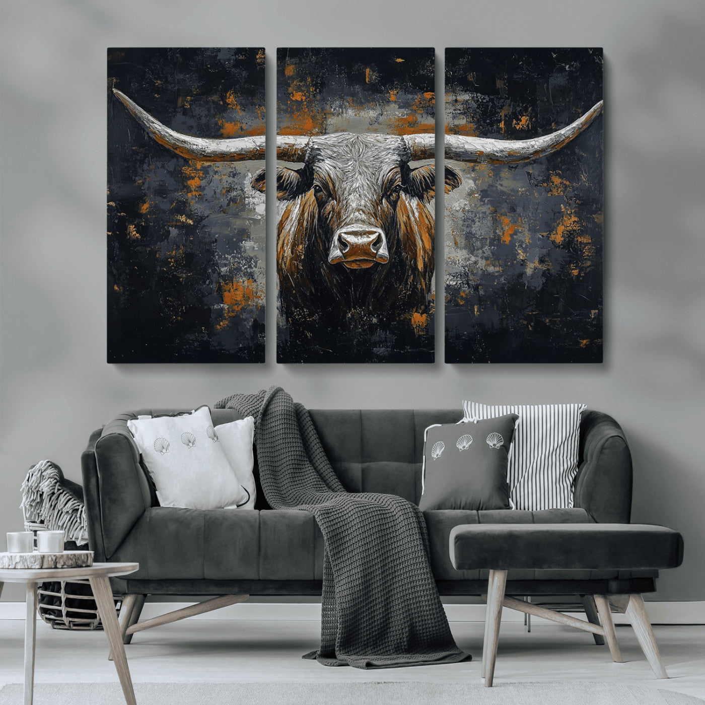 93195031-MGV-CV-36X24-Dark Longhorn Bull Wall Art – Western Steer Canvas Print, Moody Rustic Animal Painting for Man Cave, Ranch House, Office or Modern