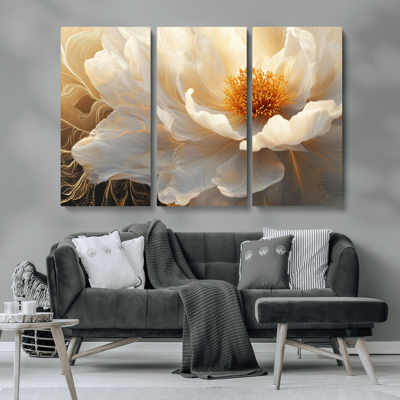 29539087-MGV-CV-36X24-Floral Wall Art – Elegant White and Gold Bloom Canvas Print, Romantic Modern Flower Artwork for Bedroom, Living Room, or Office