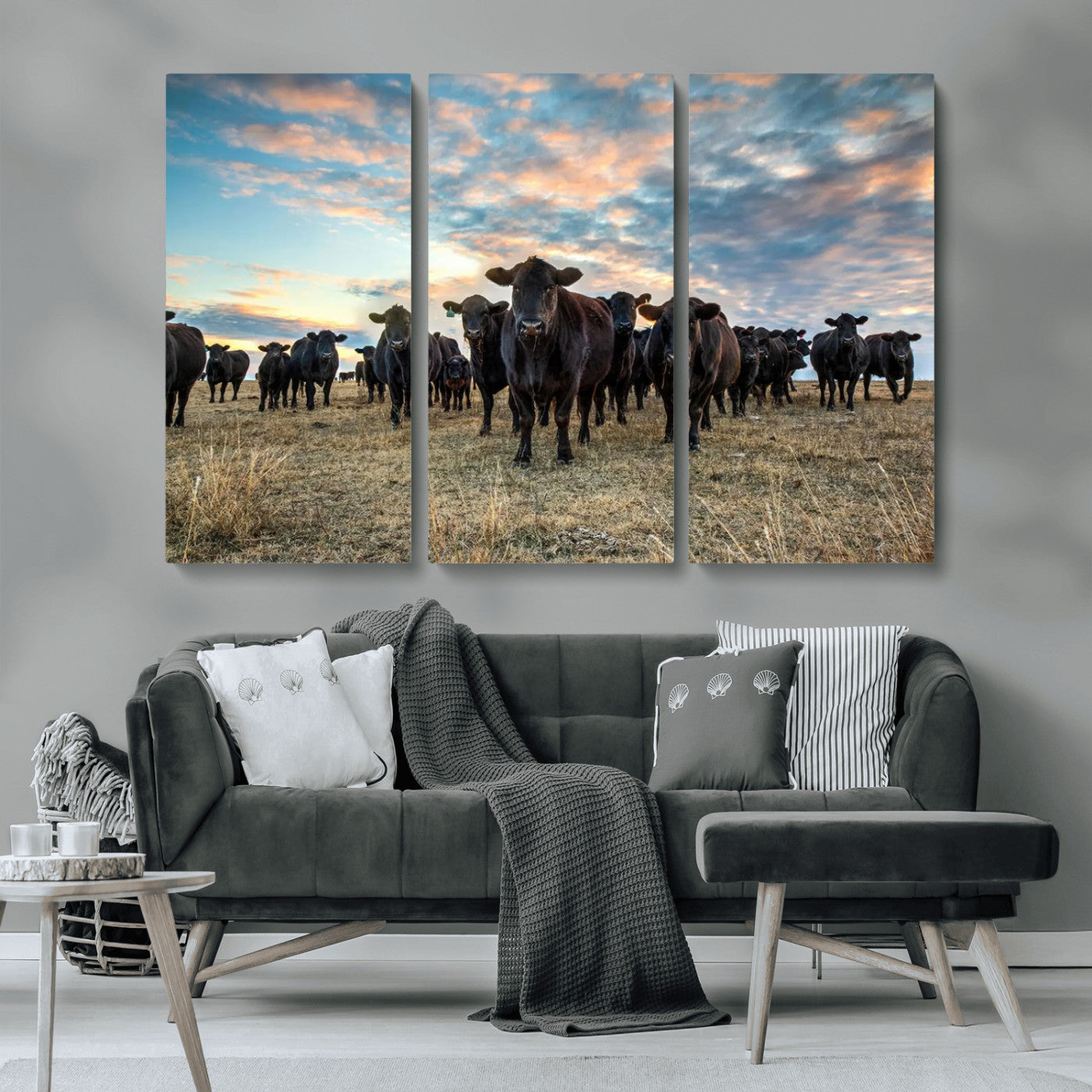 13867292-MGV-CV-36X24-Black Cattle Wall Art – Rustic Ranch Herd Canvas Print, Western Farmhouse Country Landscape Decor for Living Room, Office, or