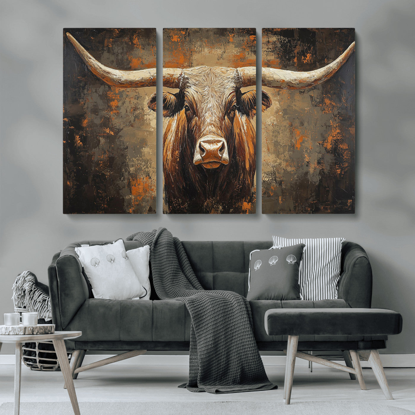 19204445-MGV-CV-36X24-Texas Longhorn Bull Wall Art – Rustic Western Canvas Print, Bold Cowboy Cattle Painting for Ranch House, Farmhouse, Office, or