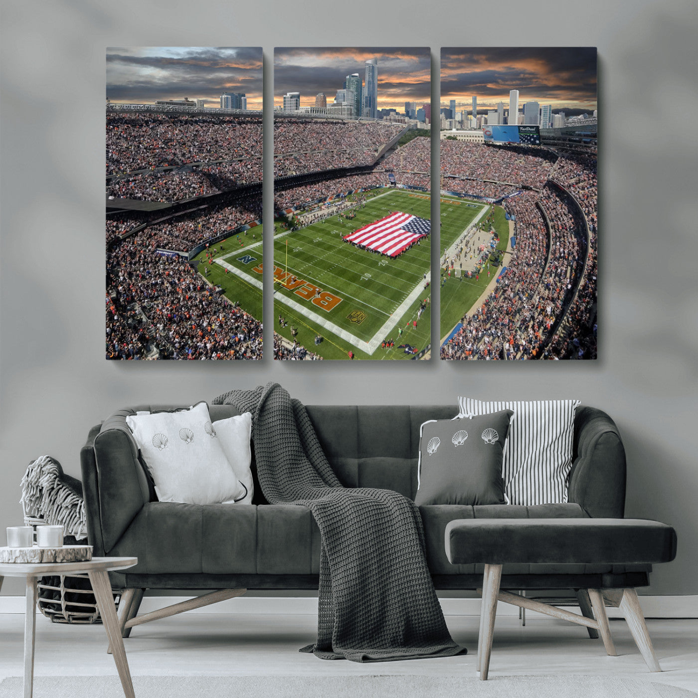 98106777-MGV-CV-36X24-Soldier Field Wall Art – Chicago Bears Stadium Canvas Print with American Flag, Game Day Football Decor for Man Cave, Bar, or
