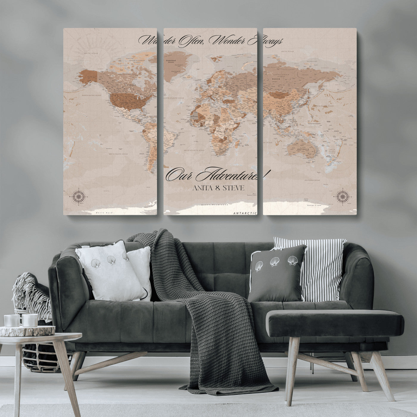 95243244-MGV-CV-36X24-Wander Often Wonder Always World Map Wall Art – Neutral Beige Adventure Canvas Print, Rustic Boho Travel Decor for Bedroom, Living