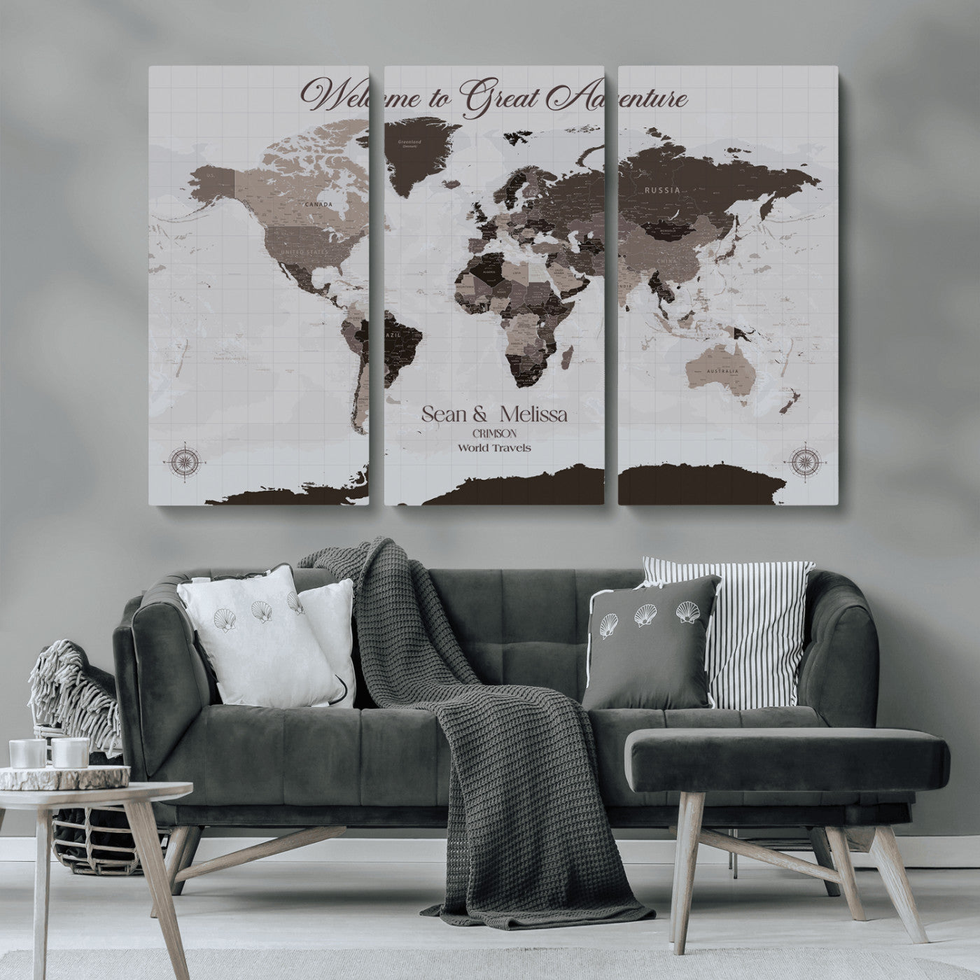 43749658-MGV-CV-36X24-Welcome to Great Adventure World Map Wall Art – Charcoal Gray Canvas Print, Rustic Travel Decor for Living Room, Study, Office or
