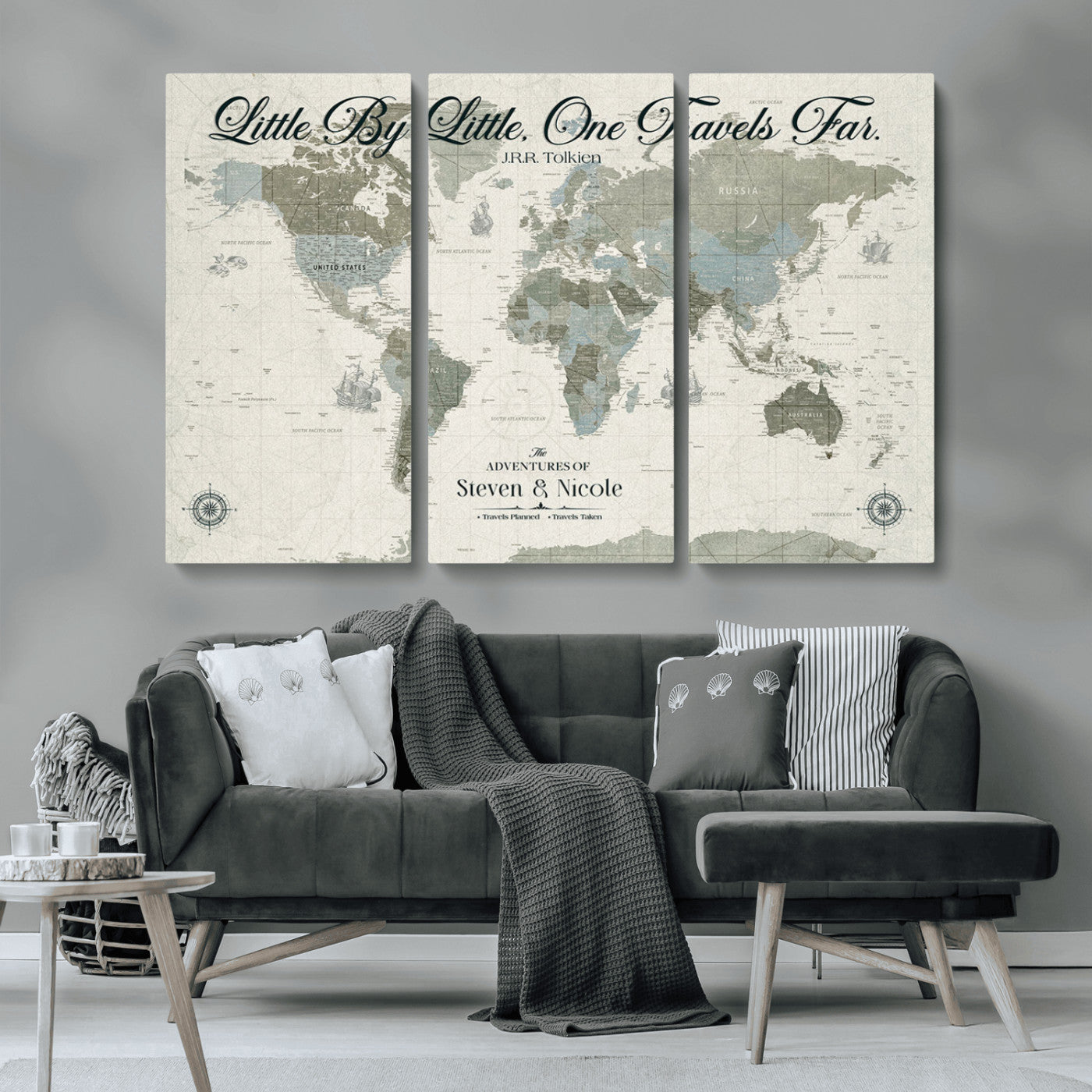10693204-MGV-CV-36X24-Little By Little One Travels Far Tolkien Quote Blue Green World Map Adventure Wall Art Canvas Print Rustic Wanderlust Travel Decor