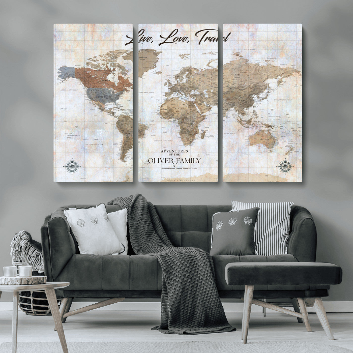 43924907-MGV-CV-36X24-Live Love Travel Wall Art – Neutral World Map Canvas Print, Rustic Adventure Decor for Home, Office or Living Room, Unique Gift
