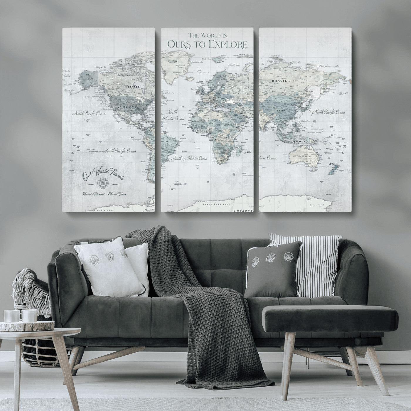 94249974-MGV-CV-36X24-Ours Explore World Map Wall Art – Modern Travel Canvas Print, Neutral Adventure Decor for Living Room, Office, Study, Bedroom,