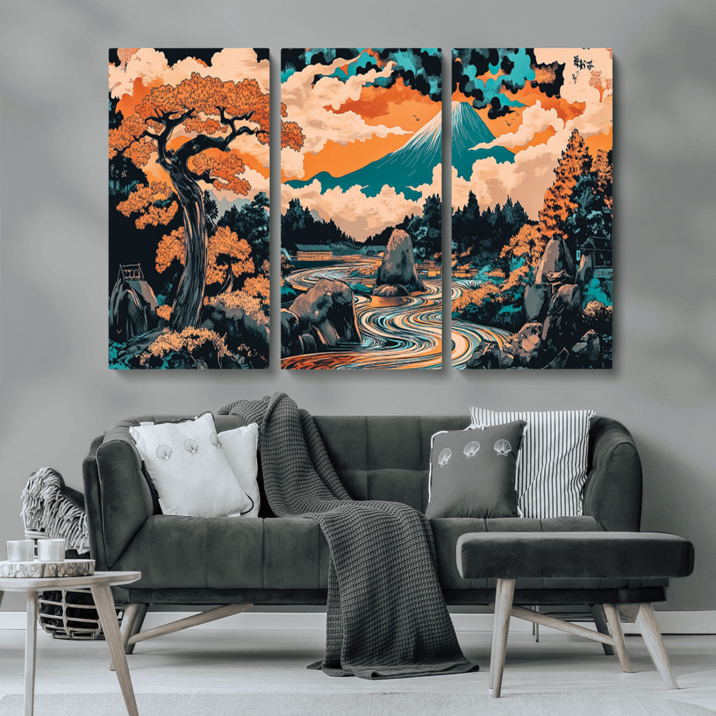 21638941-MGV-CV-36X24-Japanese Landscape Wall Art – Mount Fuji and Flowing River Ukiyo-e Style Canvas Print, Traditional Japan Inspired Artwork for