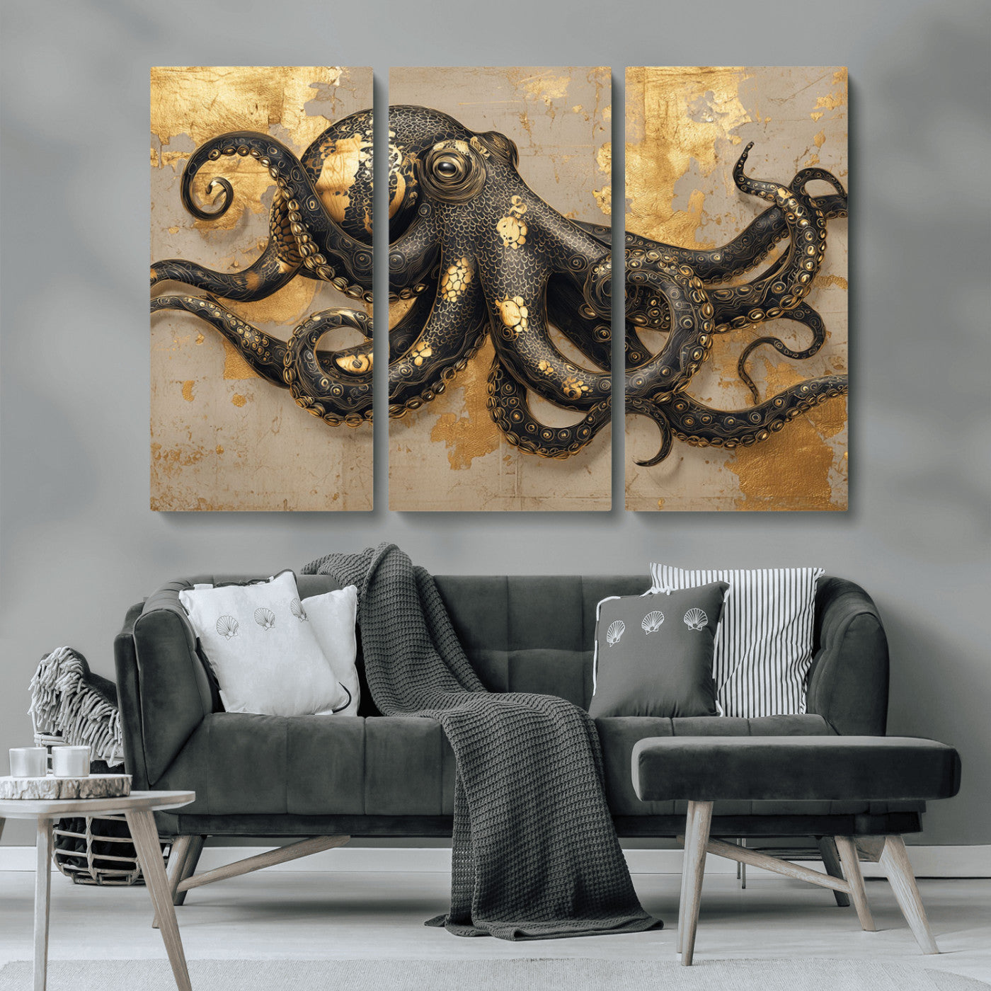 57944271-MGV-CV-36X24-Octopus Wall Art – Black and Gold Nautical Canvas Print, Modern Ocean Inspired Artwork with Elegant Detailing, Coastal Marine