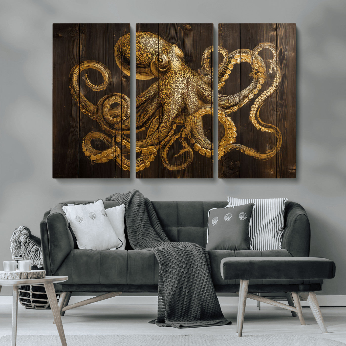 56769669-MGV-CV-36X24-Octopus Wall Art – Gold Nautical Canvas Print with Rustic Wood Panel Design, Detailed Marine Artwork for Coastal Ocean Decoration