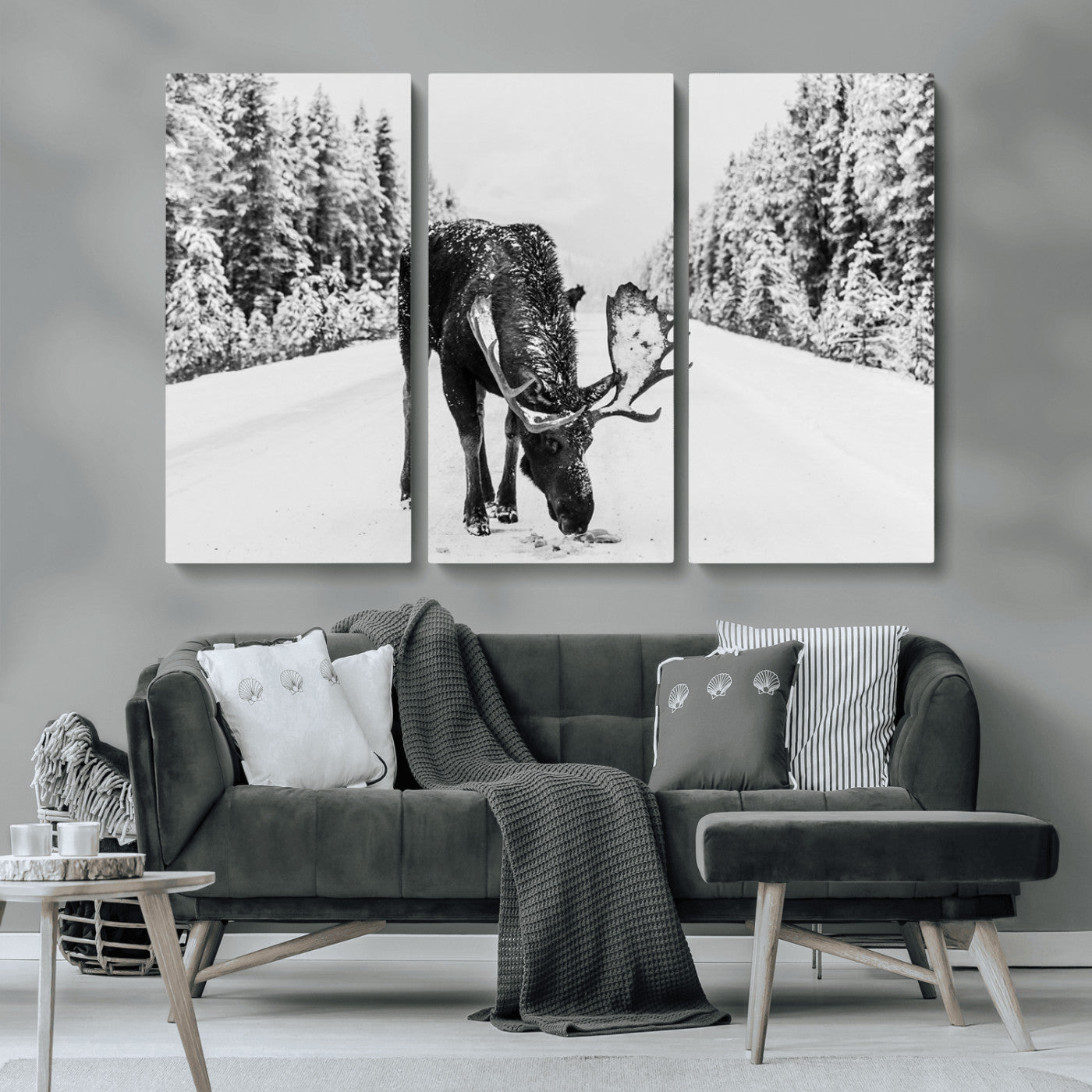 38956835-MGV-CV-36X24-Moose Winter Snowy Forest Canvas Wall Art – Wildlife Nature, Antlers in Frozen Landscape, Quiet Path, Cold Season Outdoors Print