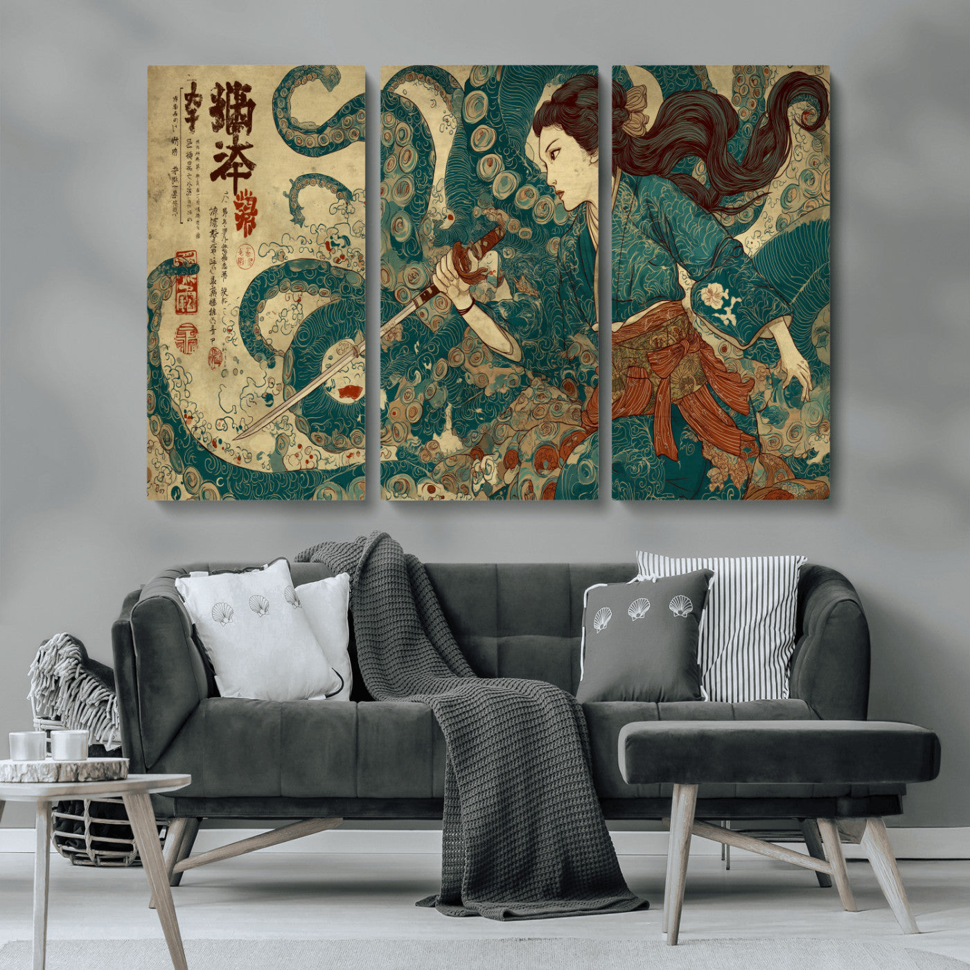 46837670-MGV-CV-36X24-Tsukioka Yoshitoshi Samurai Wall Art Print, Japanese Katana Warrior Canvas Wall Art, Octopus Sea Monster Canvas Print,