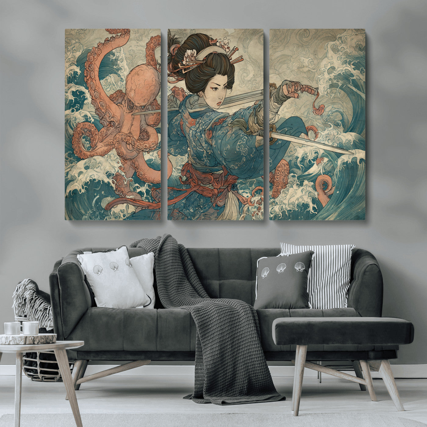52037775-MGV-CV-36X24-Samurai Woman Wall Art – Japanese Ukiyo e Style Canvas Print with Katana, Ocean Waves and Octopus, Traditional Asian Inspired