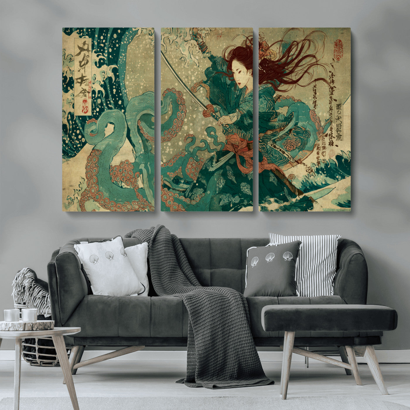 86918027-MGV-CV-36X24-Tsukioka Yoshitoshi Samurai Wall Art Print, Japanese Katana Warrior Canvas Wall Art, Octopus Sea Monster Canvas Print,