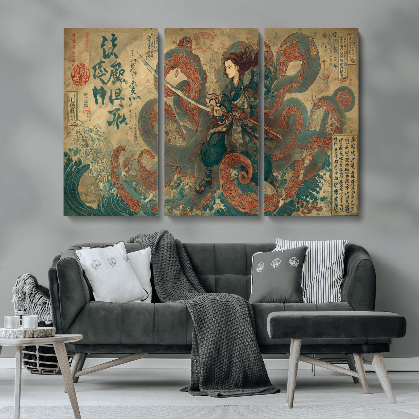 98593115-MGV-CV-36X24-Samurai Warrior vs Octopus Wall Art – Japanese Ukiyo-e Calligraphy Canvas Print, Ocean Battle Scene Artwork for Living Room,