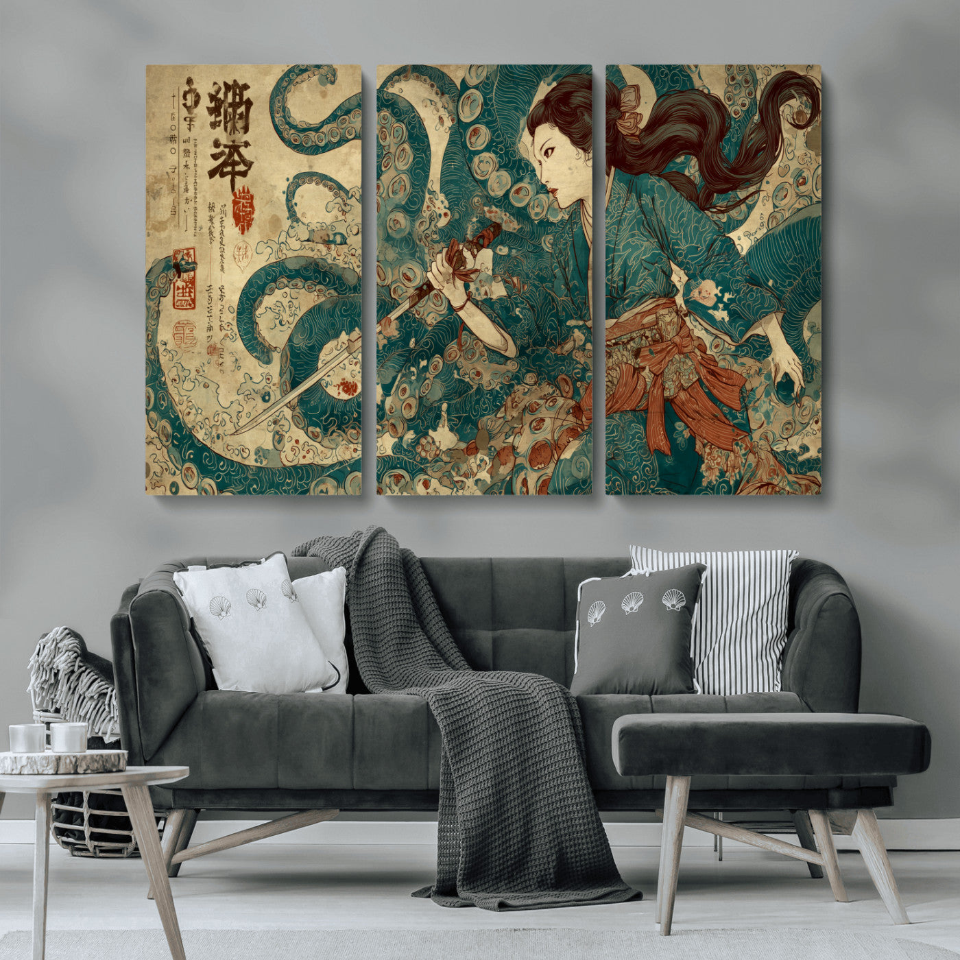 18575670-MGV-CV-36X24-Tsukioka Yoshitoshi Samurai Wall Art Print, Japanese Katana Warrior Canvas Wall Art, Octopus Sea Monster Canvas Print,
