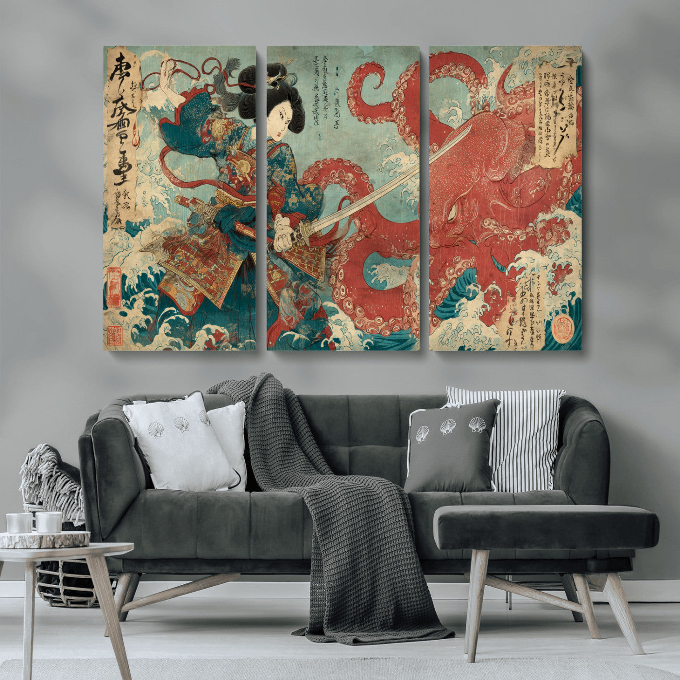 68844327-MGV-CV-36X24-Tsukioka Yoshitoshi Samurai Wall Art Print, Japanese Katana Warrior Canvas Wall Art, Octopus Sea Monster Canvas Print,