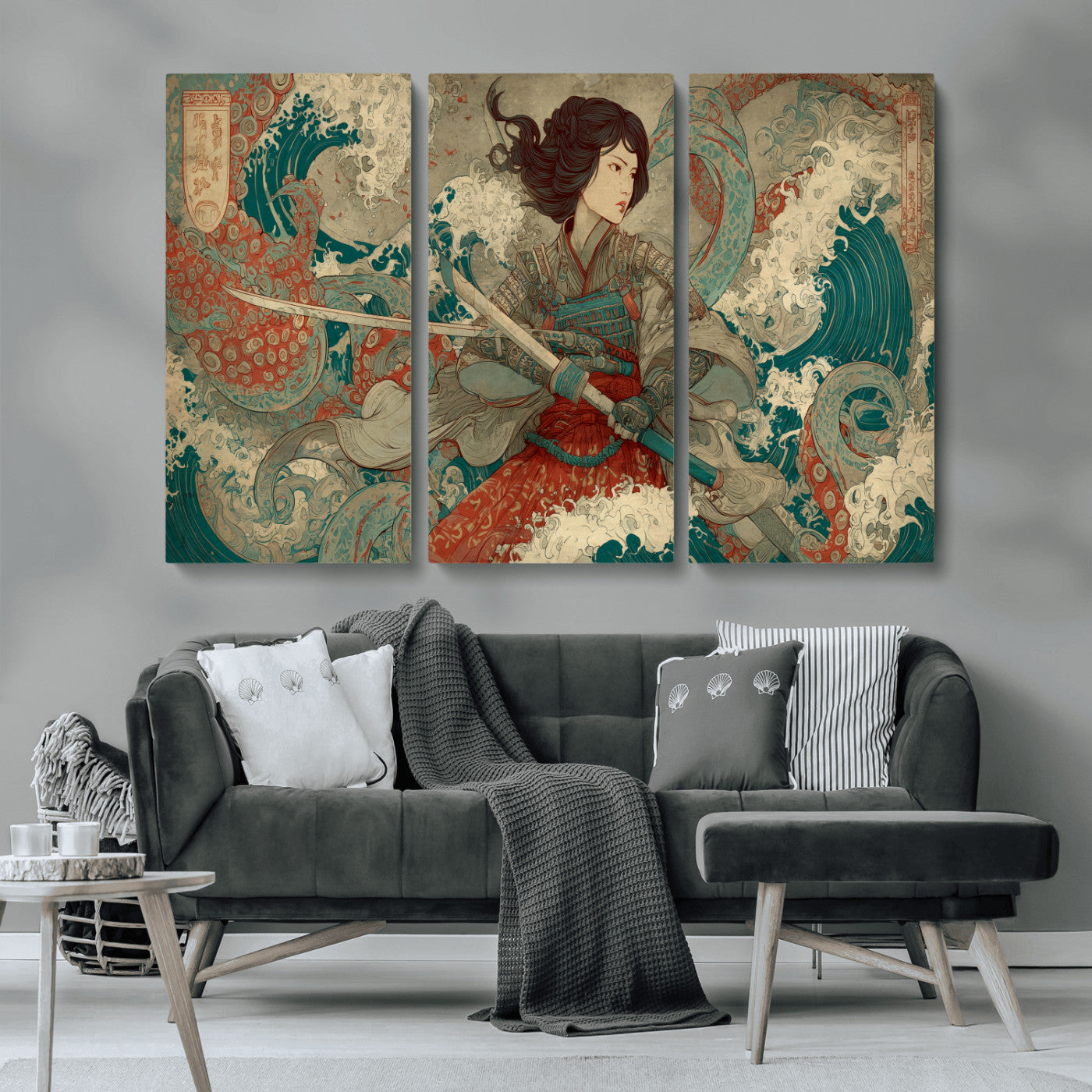 37797255-MGV-CV-36X24-Samurai Woman vs Octopus Wall Art – Japanese Ukiyo-e Red Armor Ocean Battle Canvas Print, Warrior Artwork for Living Room, Office,
