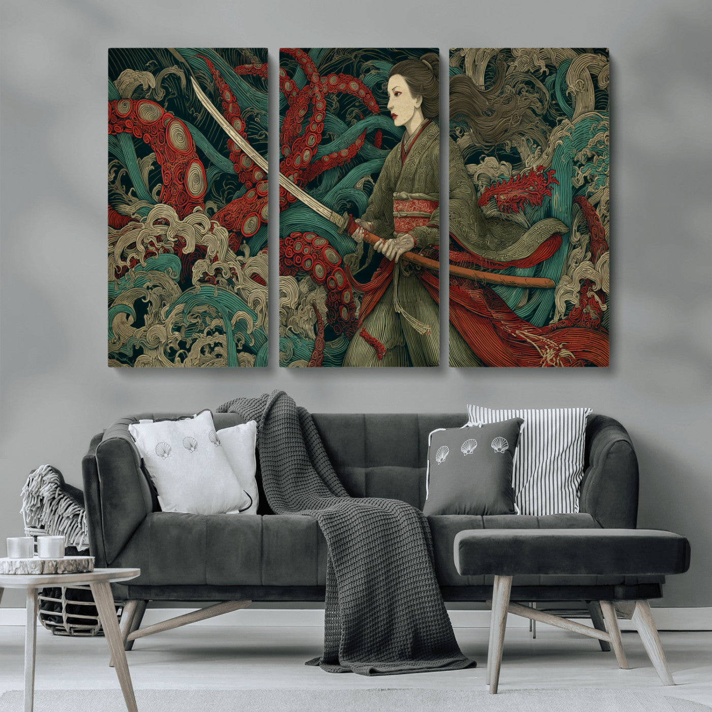 18902796-MGV-CV-36X24-Samurai Woman vs Octopus Wall Art – Japanese Ukiyo-e Green Kimono Canvas Print, Ocean Battle Scene Artwork for Living Room,