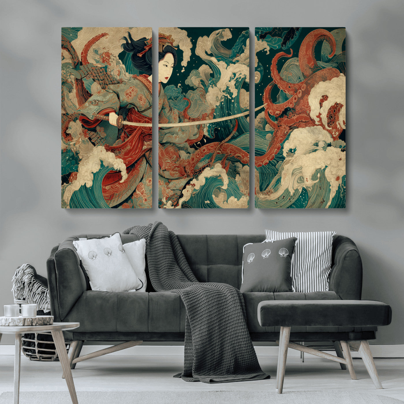 30212982-MGV-CV-36X24-Samurai Woman vs Octopus Wall Art – Japanese Ukiyo-e Style Warrior and Sea Monster Canvas Print, Mythology Inspired Artwork for