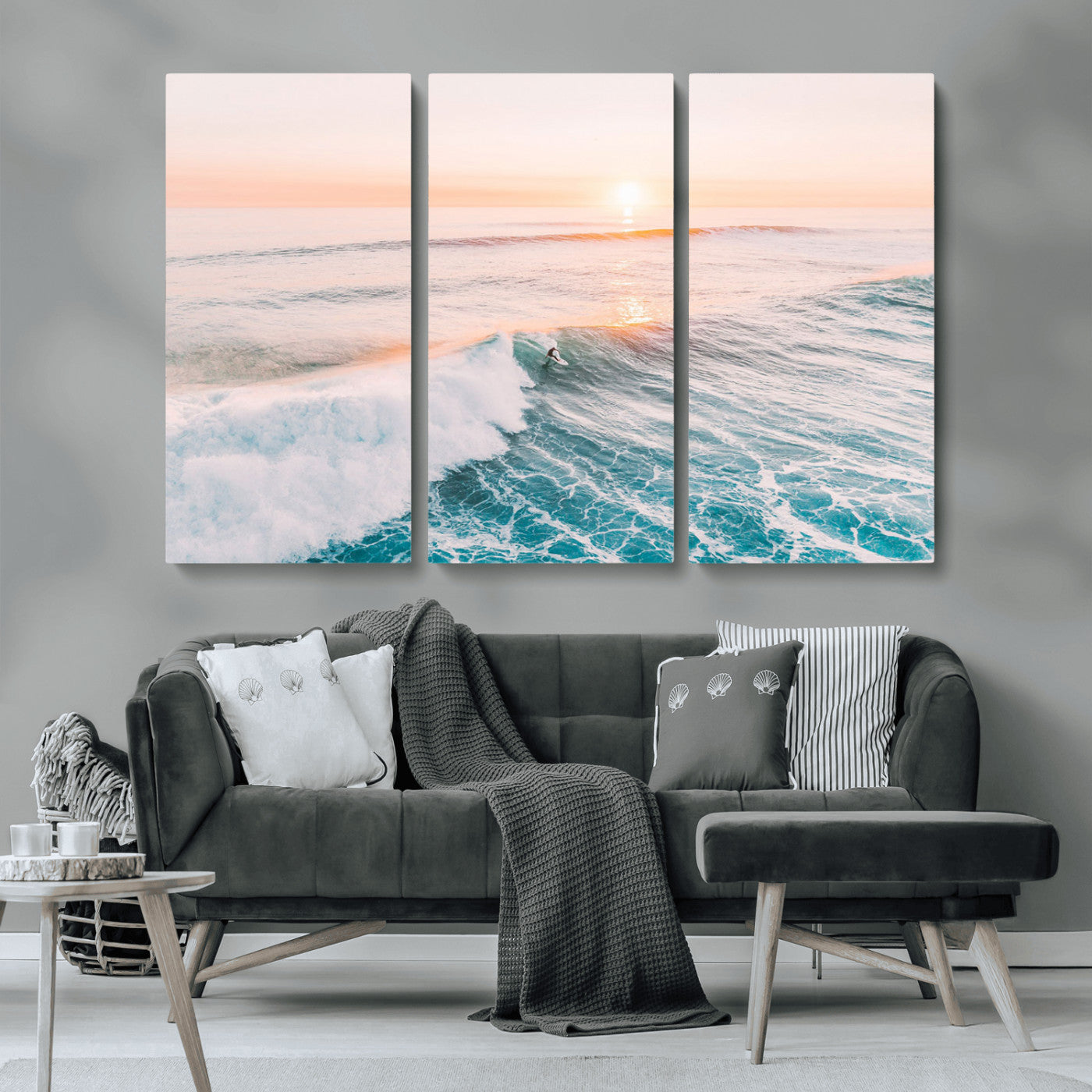34064591-MGV-CV-36X24-Surfing Wall Art – Sunset Ocean Wave Canvas Print, Surfer Riding Sea Photography Decor for Bedroom, Living Room, Office, Coastal