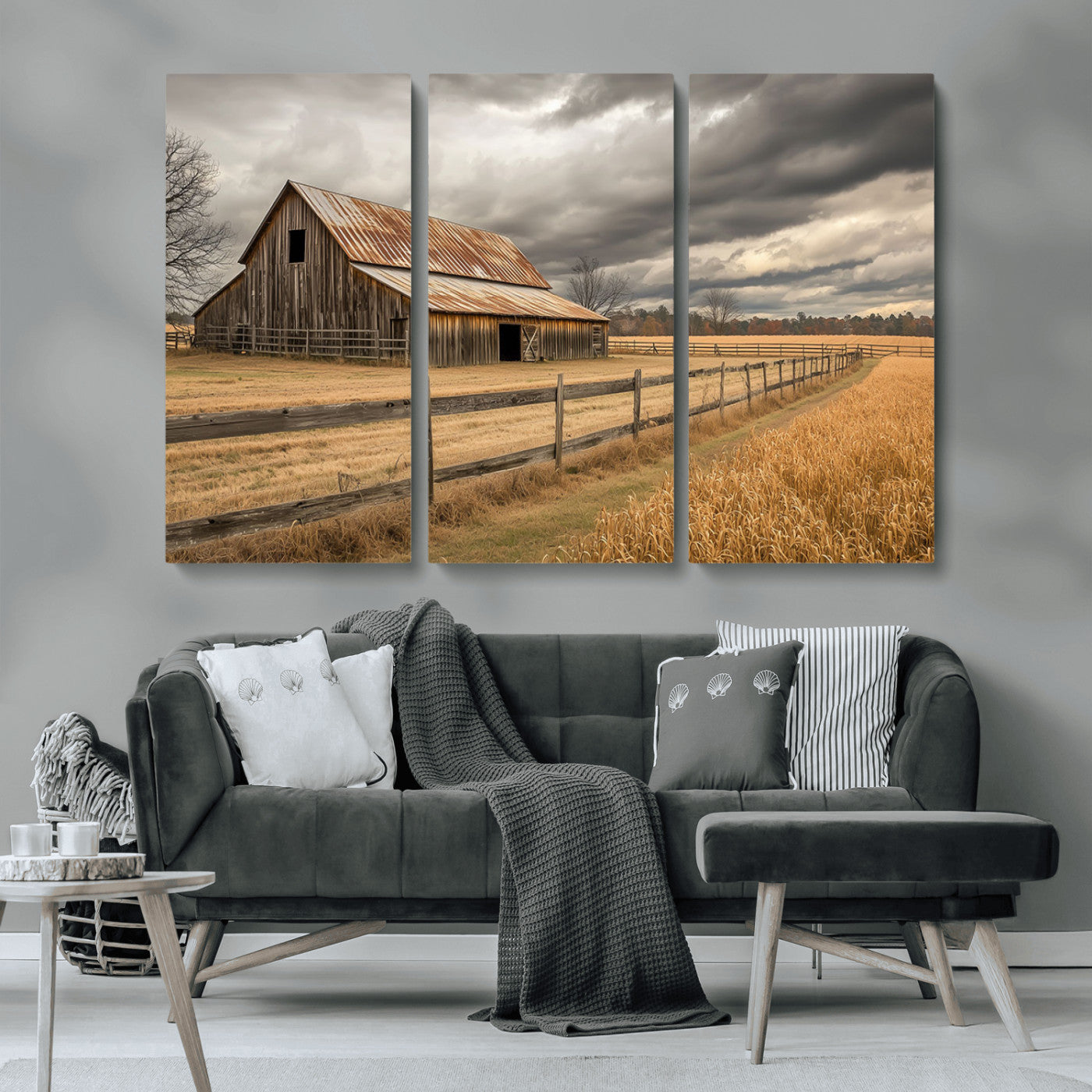 21991117-MGV-CV-36X24-Rustic Barn Wall Art – Weathered Farmhouse Canvas Print, Stormy Sky and Golden Field Photography Decor for Bedroom, Living Room,