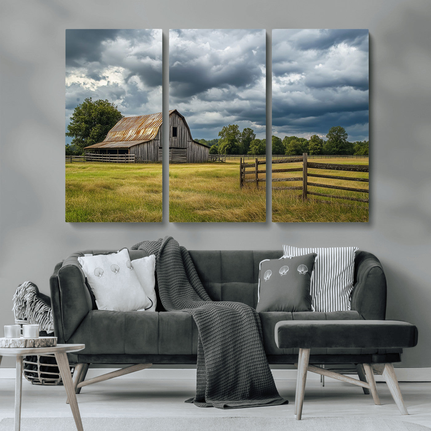 39409517-MGV-CV-36X24-Rustic Barn Wall Art – Weathered Farmhouse and Storm Clouds Canvas Print, Country Landscape Photography Decor for Bedroom, Living