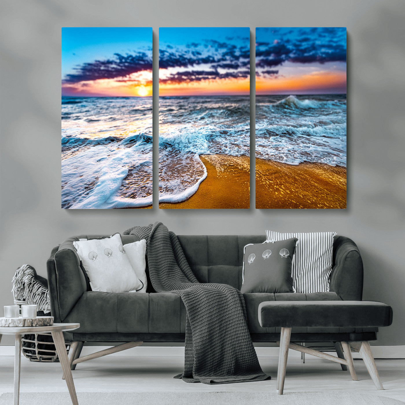 24077769-MGV-CV-36X24-Sunset Beach Wall Art – Ocean Waves Canvas Print, Golden Shoreline Photography Coastal Decor for Living Room, Bedroom, Office,