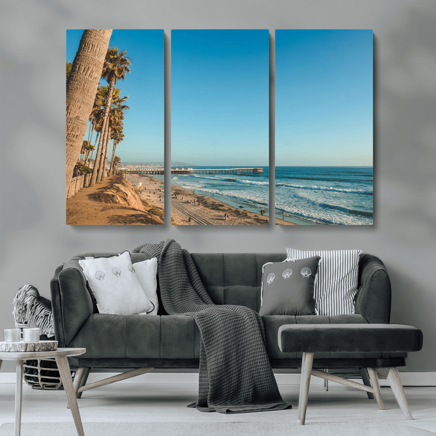 92568259-MGV-CV-36X24-California Beach Wall Art – Palm Tree Pier Canvas Print, Coastal Ocean Photography Seaside Decor for Living Room, Bedroom, Office,