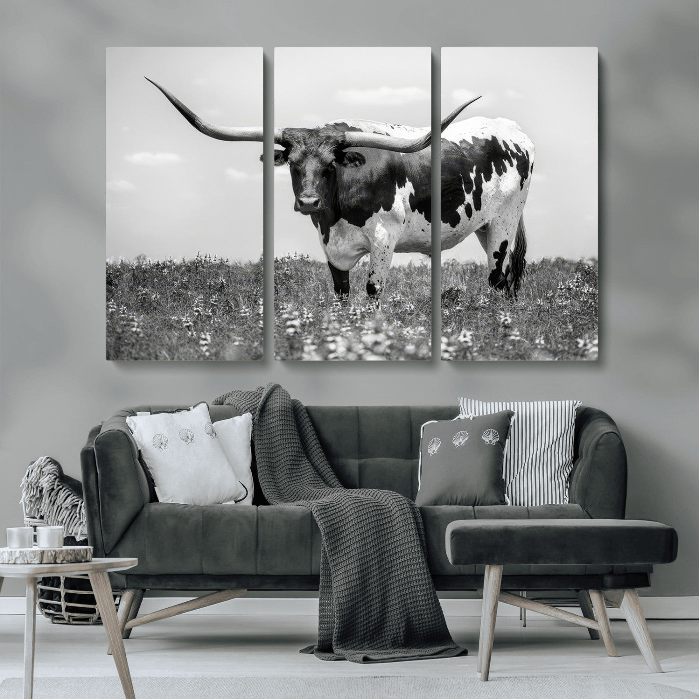 83785-MGV-CV-36X24-Texas Longhorn Wall Art Canvas Print, Framed Horned Bull Art Picture Print, Monochrome Cattle Perfect Rustic Western Decor Artwork
