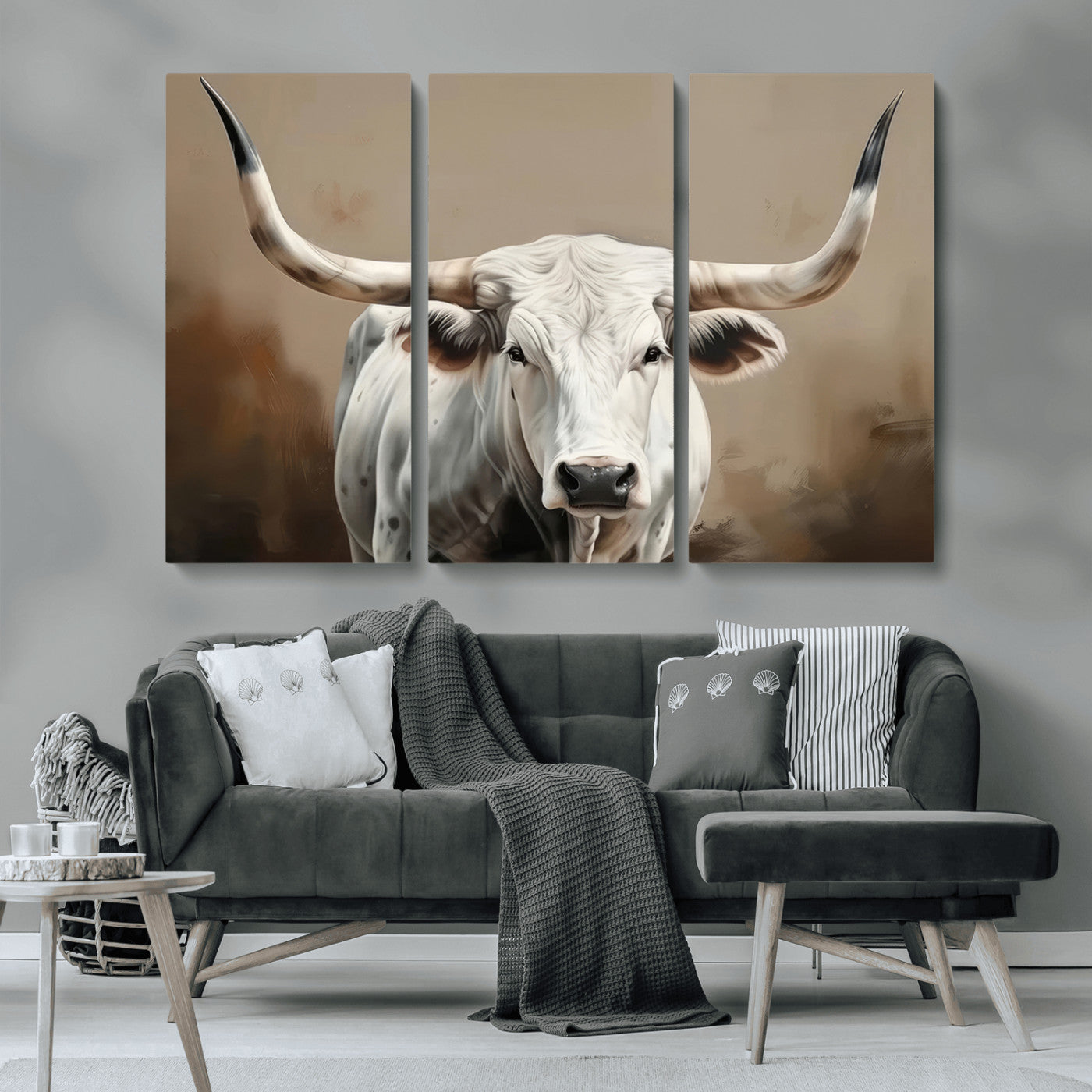 63550-MGV-CV-36X24-Texas Longhorn Wall Art Canvas Print, Framed White Bull Art Picture Print, Horned Cattle Perfect Rustic Western Decor Artwork