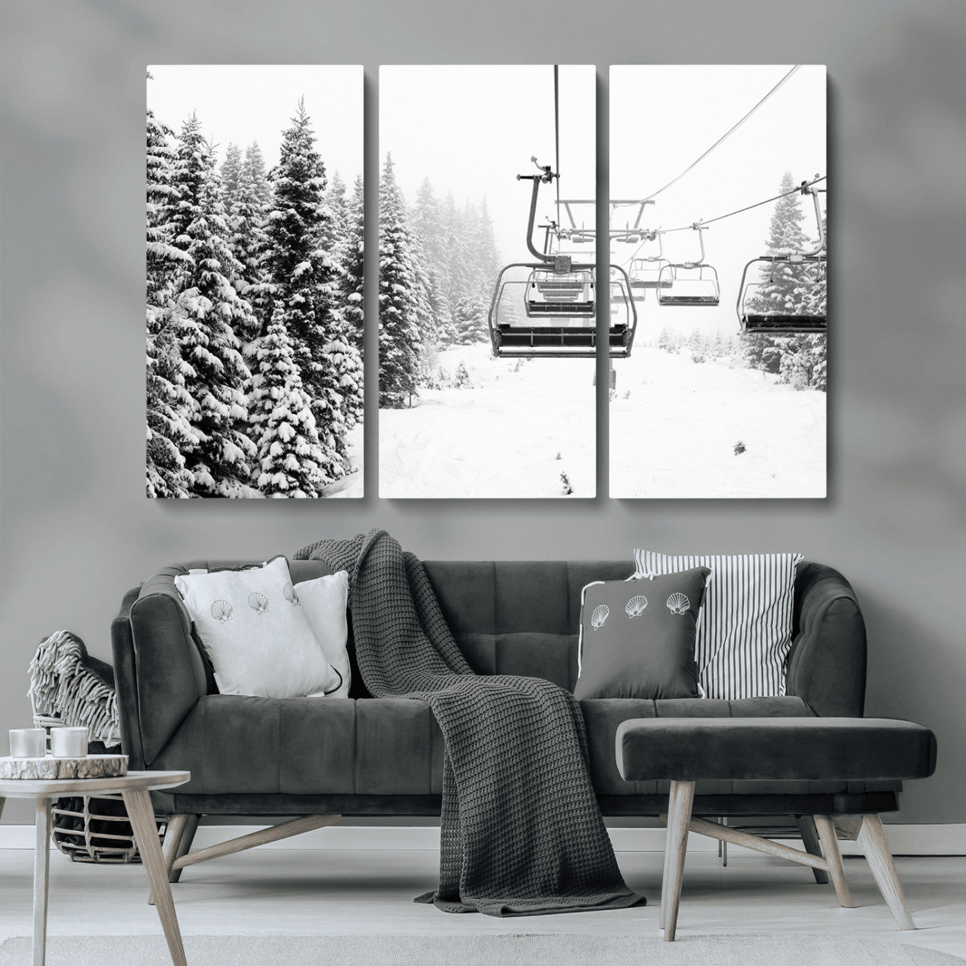 49274-MGV-CV-36X24-Snowy Forest Wall Art Canvas Print, Framed Ski Lift Art Picture Print, Mountain Snow Perfect Minimal Winter Lodge Decor Artwork