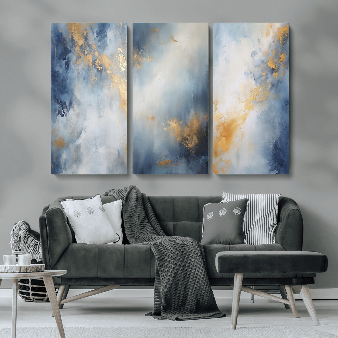 41836-MGV-CV-36X24-Abstract Gold Wall Art Canvas Print, Framed Blue Layers Art Picture Print, Elegant Cloud Perfect Elegant Minimalist Decor Artwork